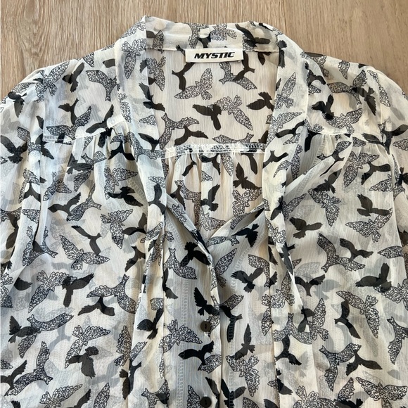 Sheer Bird Print Blouse Button Up with Tie Neck Long Sleeve - Picture 3 of 10